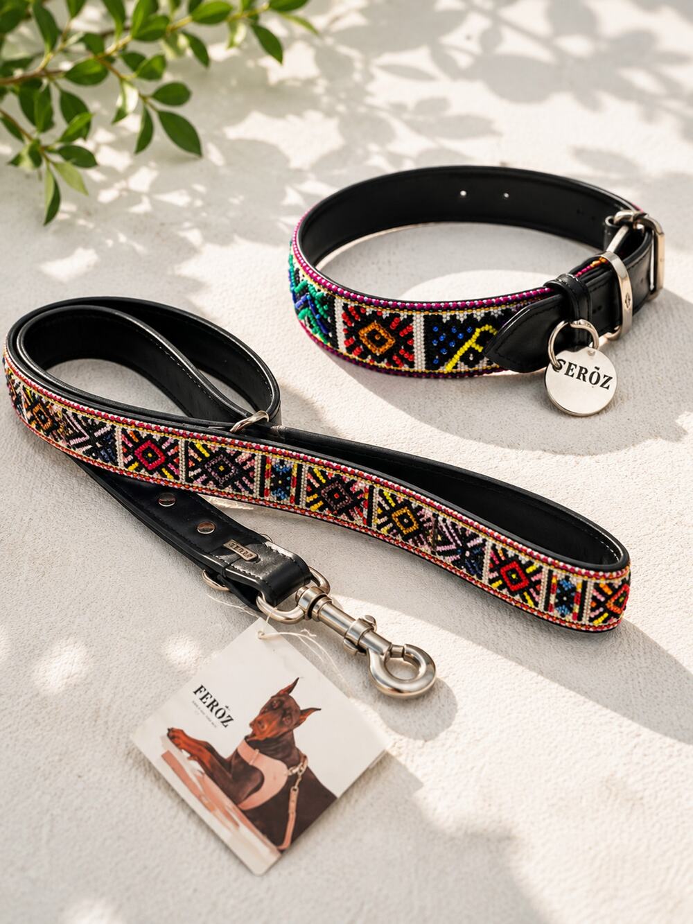 NWT FEROZ Beaded Dog Collar Leash Set L XL Boho Artisan Handmade